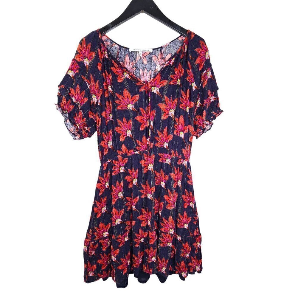 Collective Concepts Navy Blue Red Floral Puff Sleeve Ruffled Flowy Dress